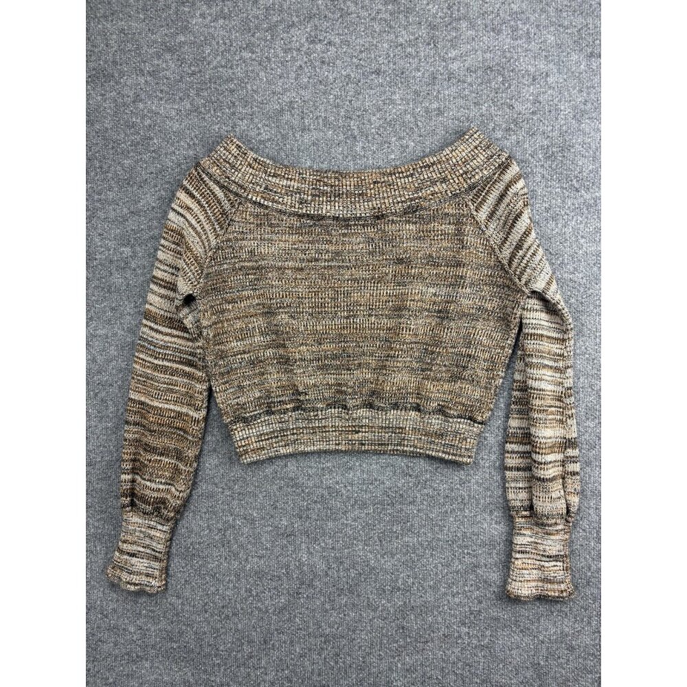 Free People Sweater Womens XL Brown Stripe Boat Neck Raglan Cropped Pullover